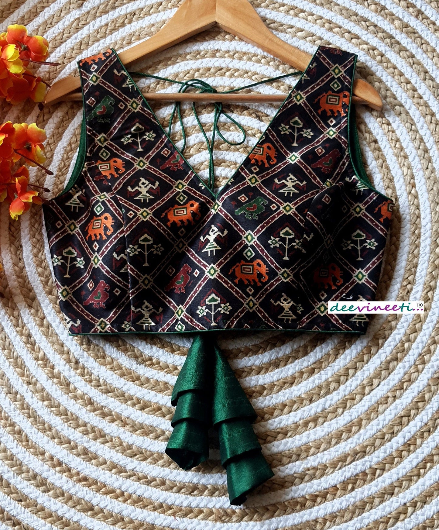 Black Printed Tussar Silk Sleeveless V Neck Blouse. DVBL_095