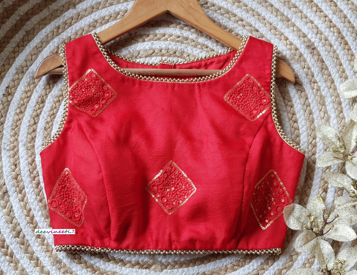 Red Jute Silk Boat Neck Blouse DVBL_212