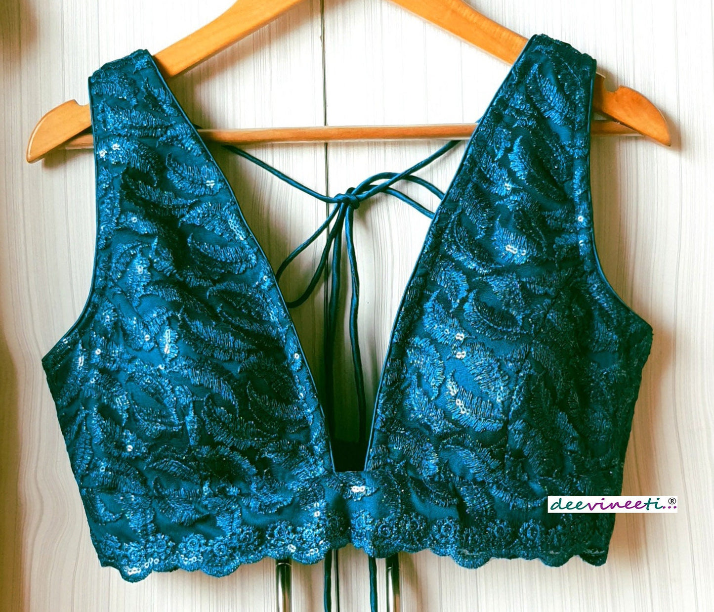 Teal Green Embroidered  Plunge Neckline Blouse DVBL_061
