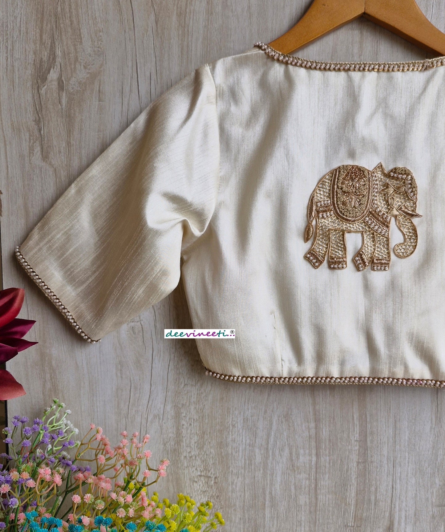 Cream Raw Silk Blouse with Applique Embroidery DVBL_322
