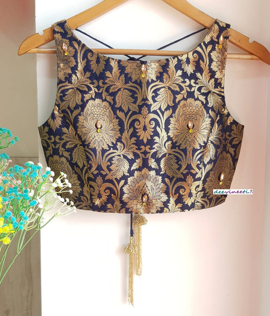Deep Blue Brocade Blouse Sleeveless Boat Neck DVBL_127