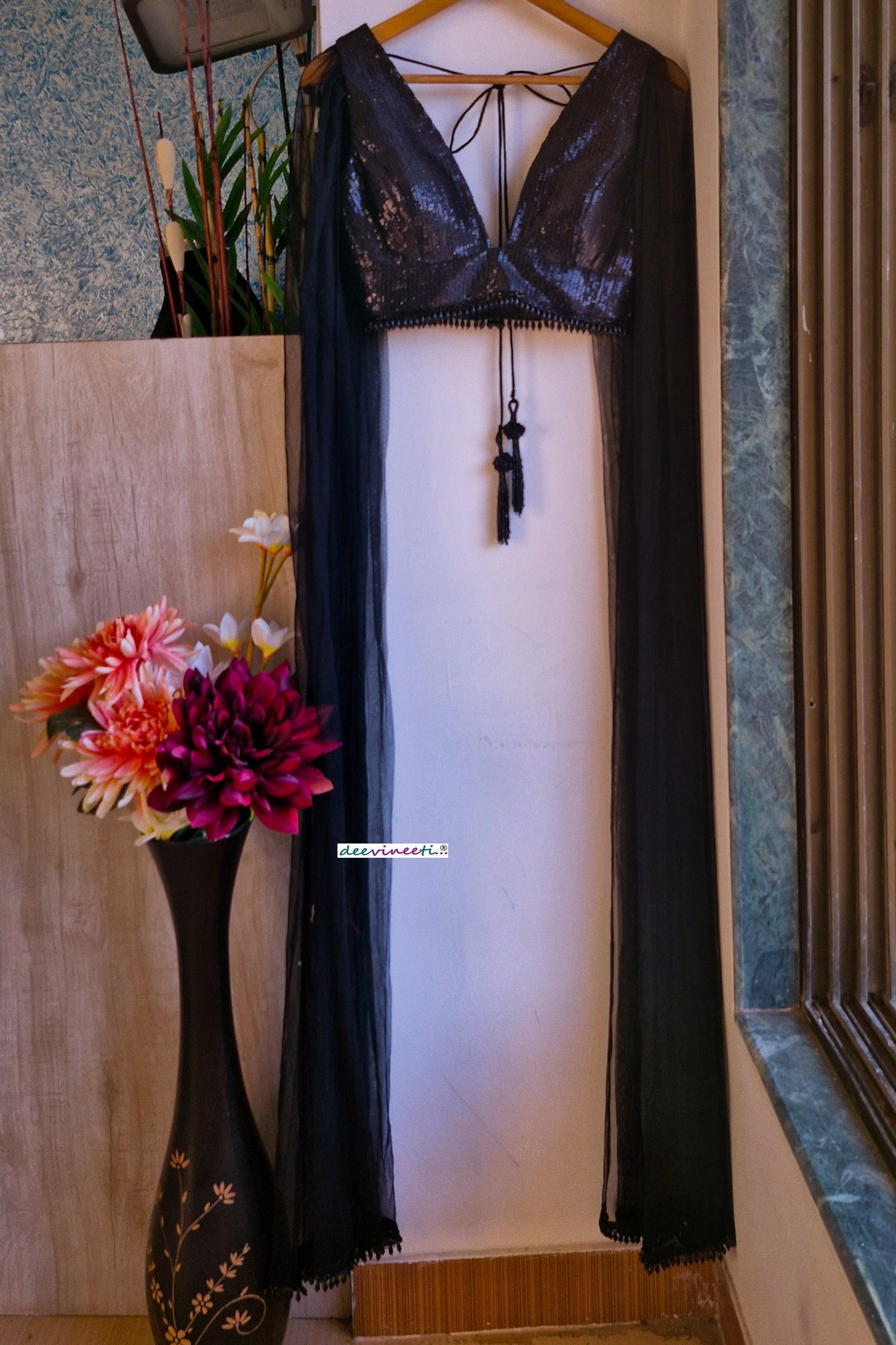 Black Sequins Embroidered Plunge Neck Cape Blouse DVBL_342