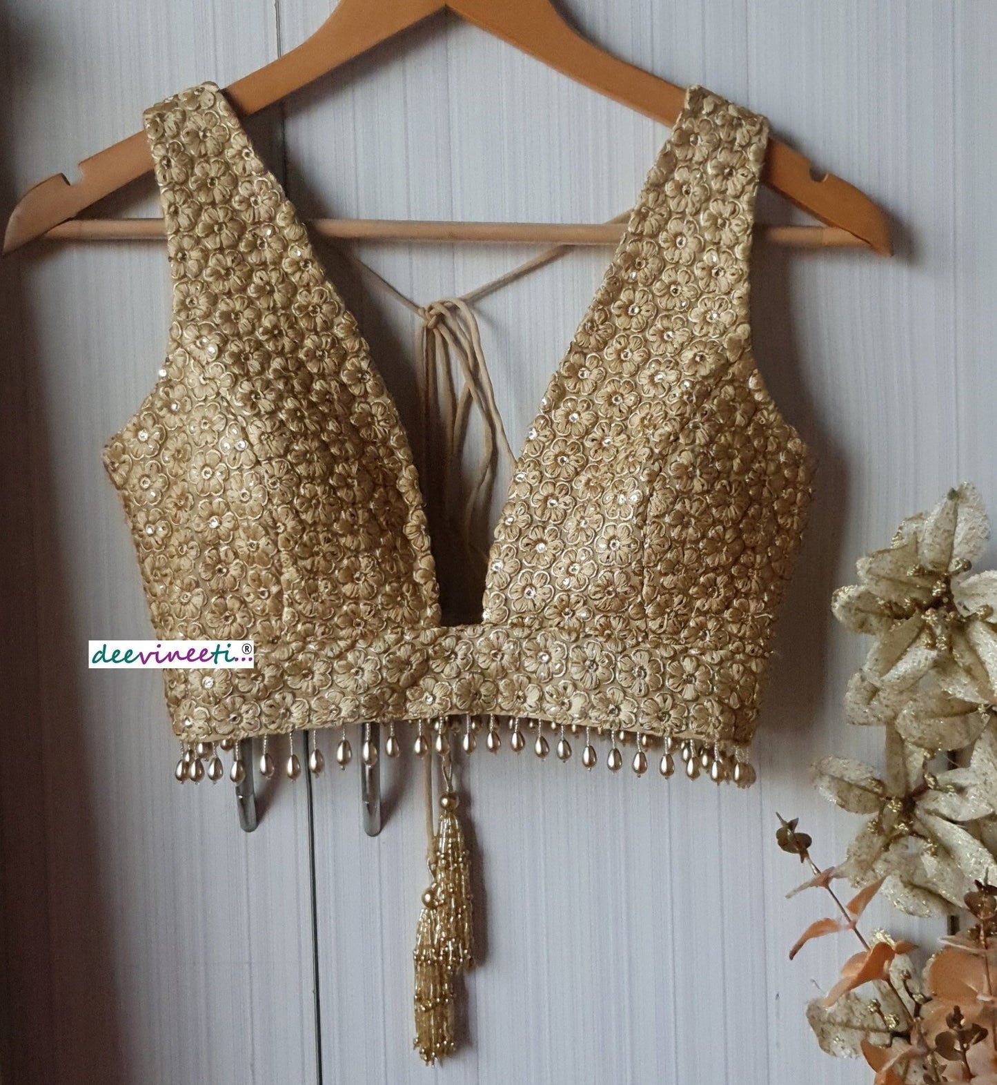 Embroidered Gold Plunge Neckline Blouse DVBL_139