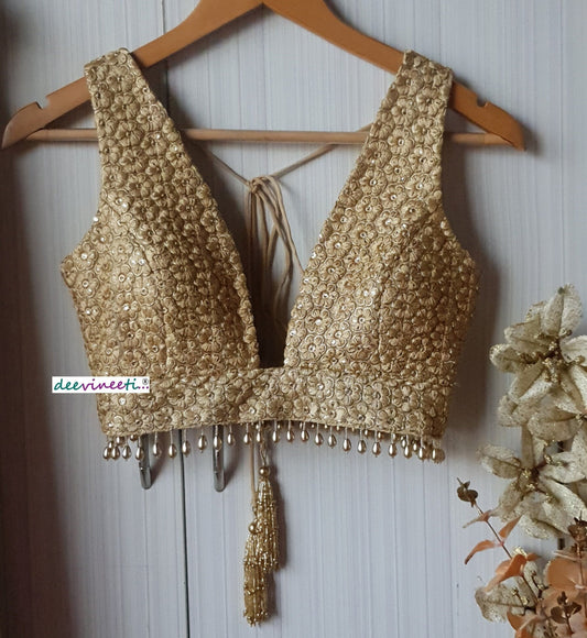 Embroidered Gold Plunge Neckline Blouse DVBL_139