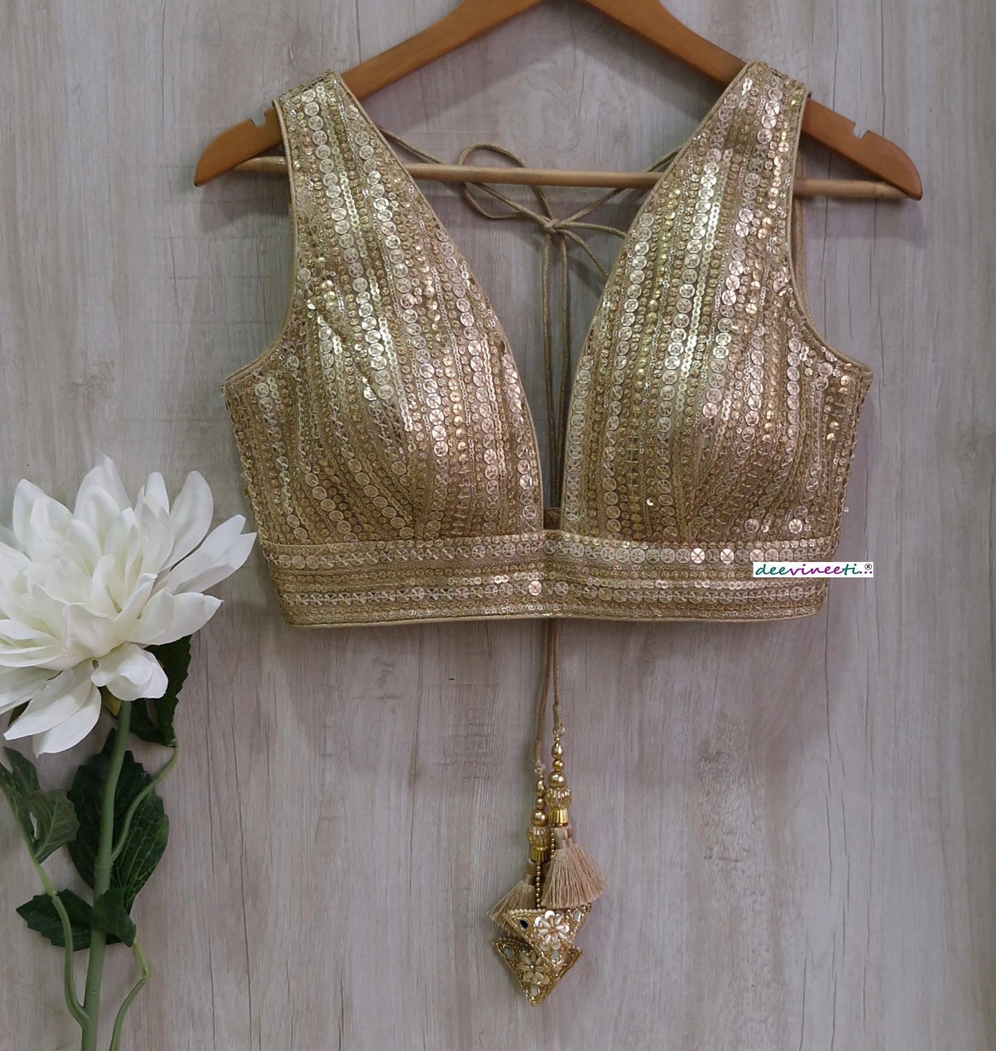 Gold Sequins Embroidered Plunge Neckline Blouse DVBL_363