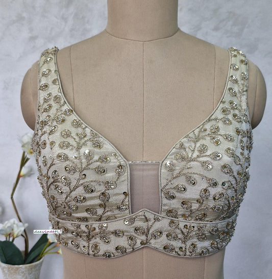 Cream Embroidered Tissue Silk Sweetheart Neck Blouse DVBL_404