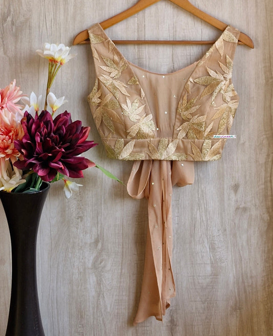 Embroidered Beige Boat Neck Tie Blouse DVBL_346.