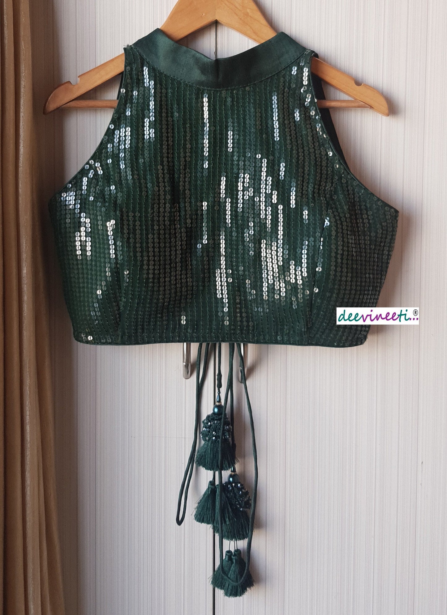 Designer Dark Green Sequins Georgette Blouse High Collar DVBL_149
