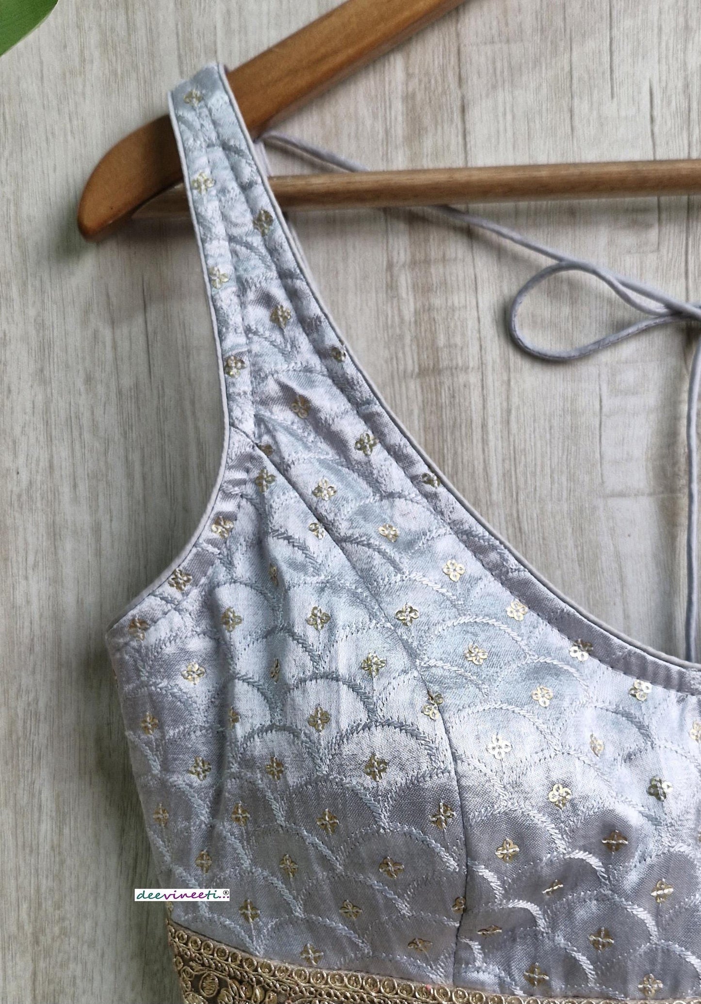 Grey Embroidered Gajji Silk V Neck Blouse DVBL_383