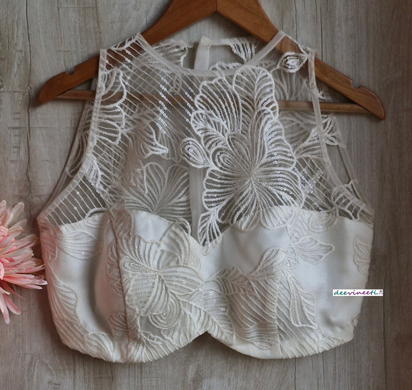 Off-White Embroidered Net Jewel Neck Blouse  DVBL_347