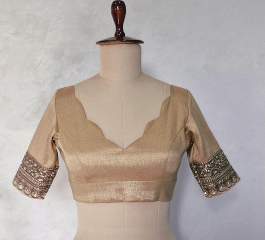 Copper Rose Gold Banarasi Tissue  Scallop Neck  Blouse DVBL_444