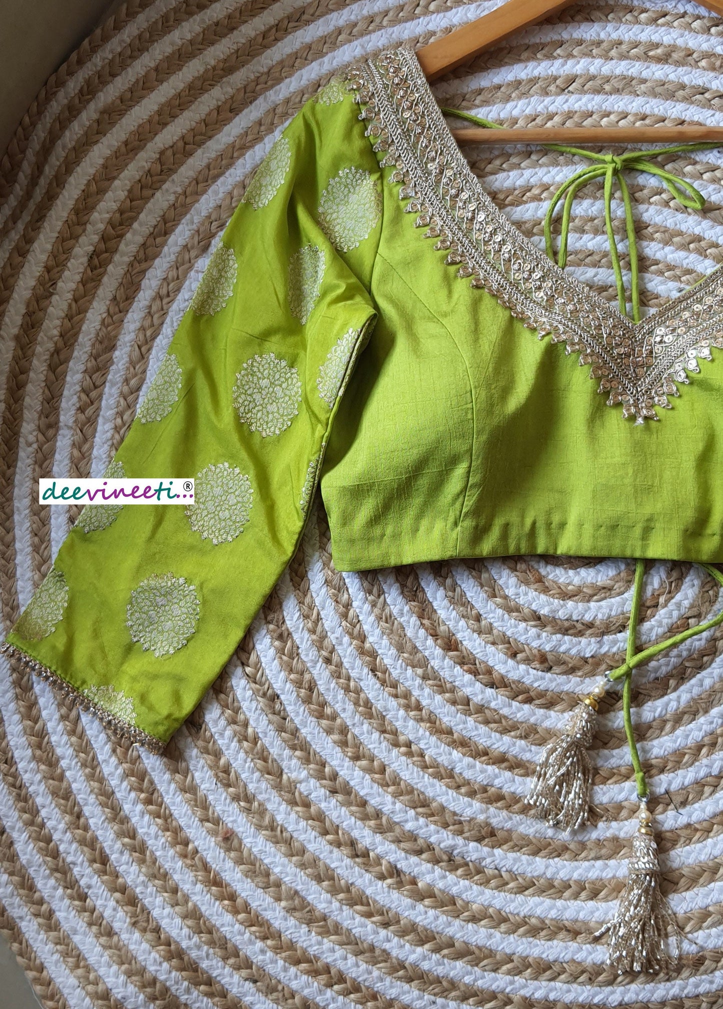 Lime Green Raw Silk Three Fourth Sleeves Blouse DVBL_134
