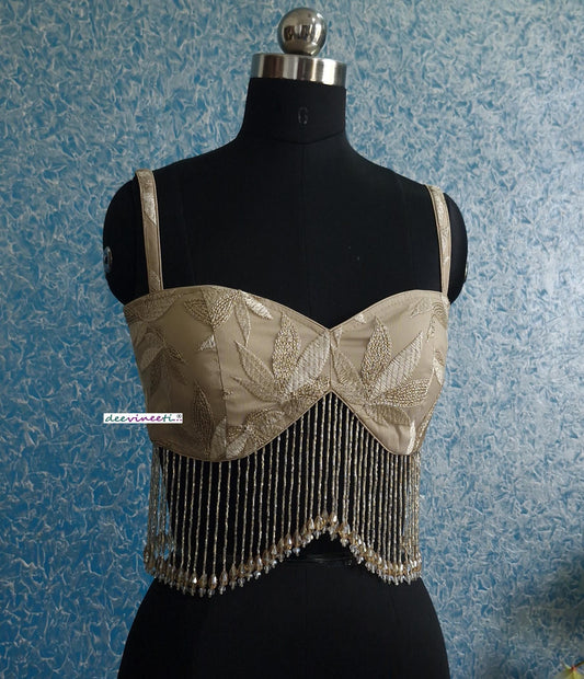 Beige Embroidered Net Spaghetti Blouse with Beads Fringes DVBL_389