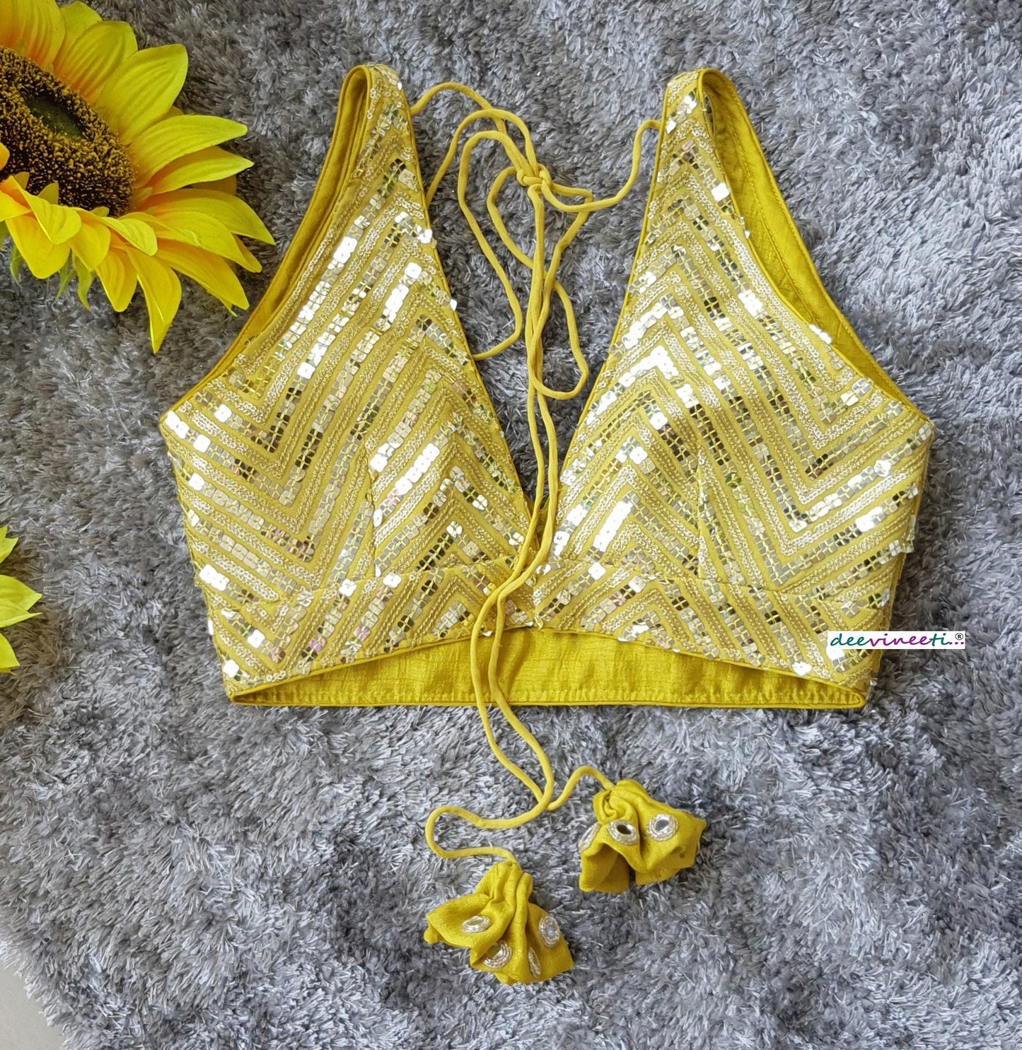 Yellow Sequins Embroidered Blouse Deep V Neck Blouse DVBL_217