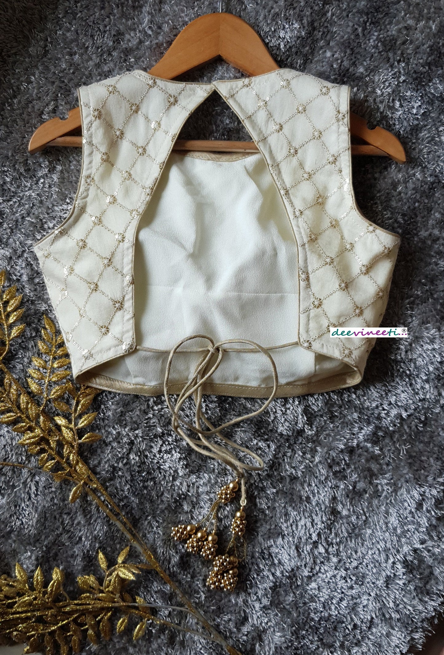 Cream Jute Silk Jewel Neck Backless Blouse DVBL_211