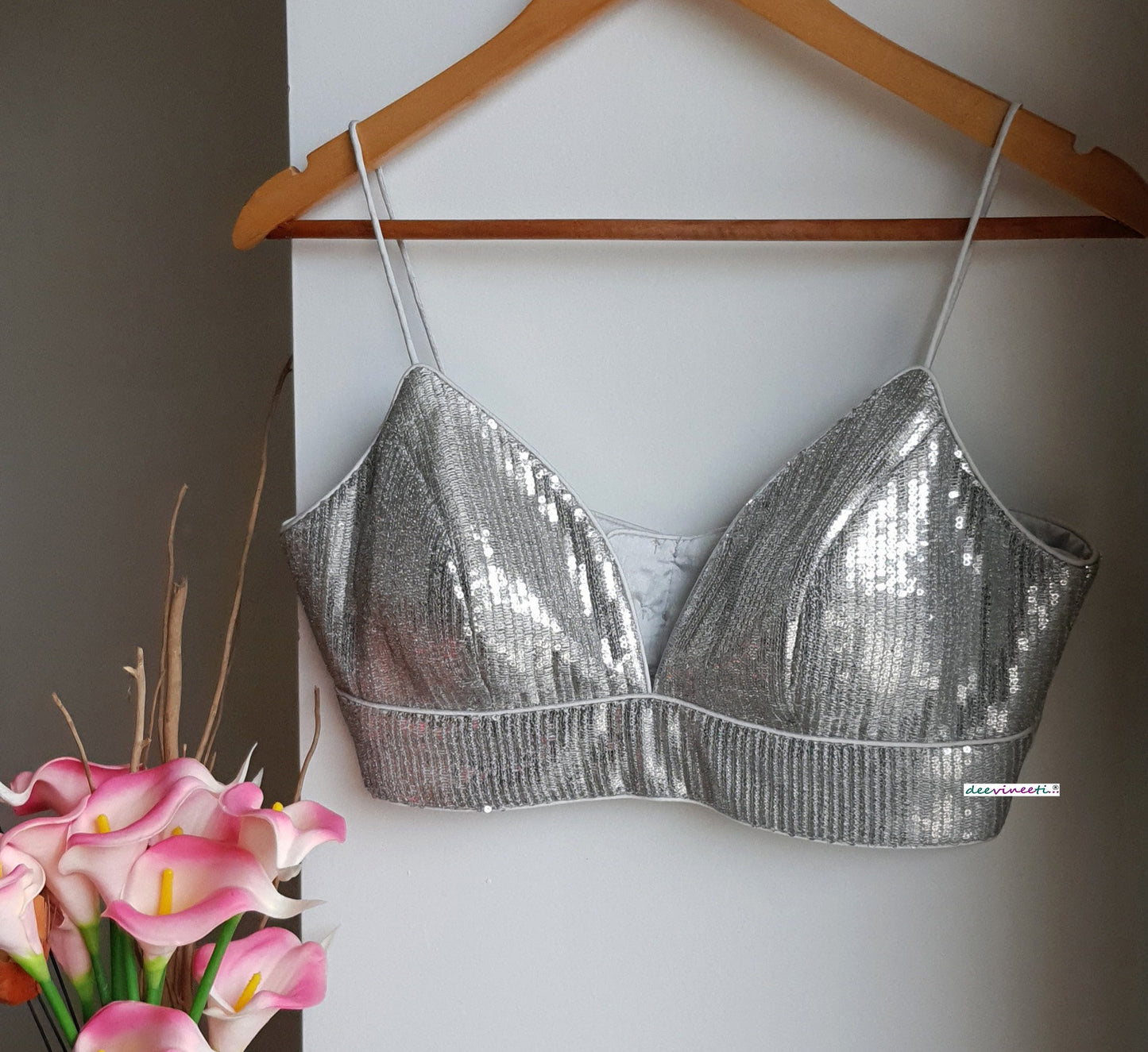 Silver Sequins Embroidered Spaghetti Blouse DVBL_267