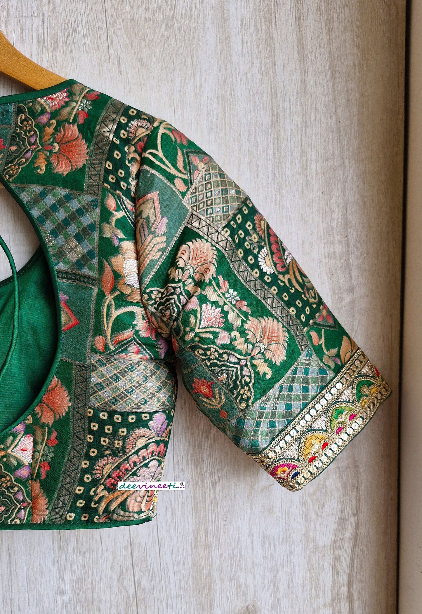 Green Jacquard Silk Round Scoop Neck Blouse DVBL_317