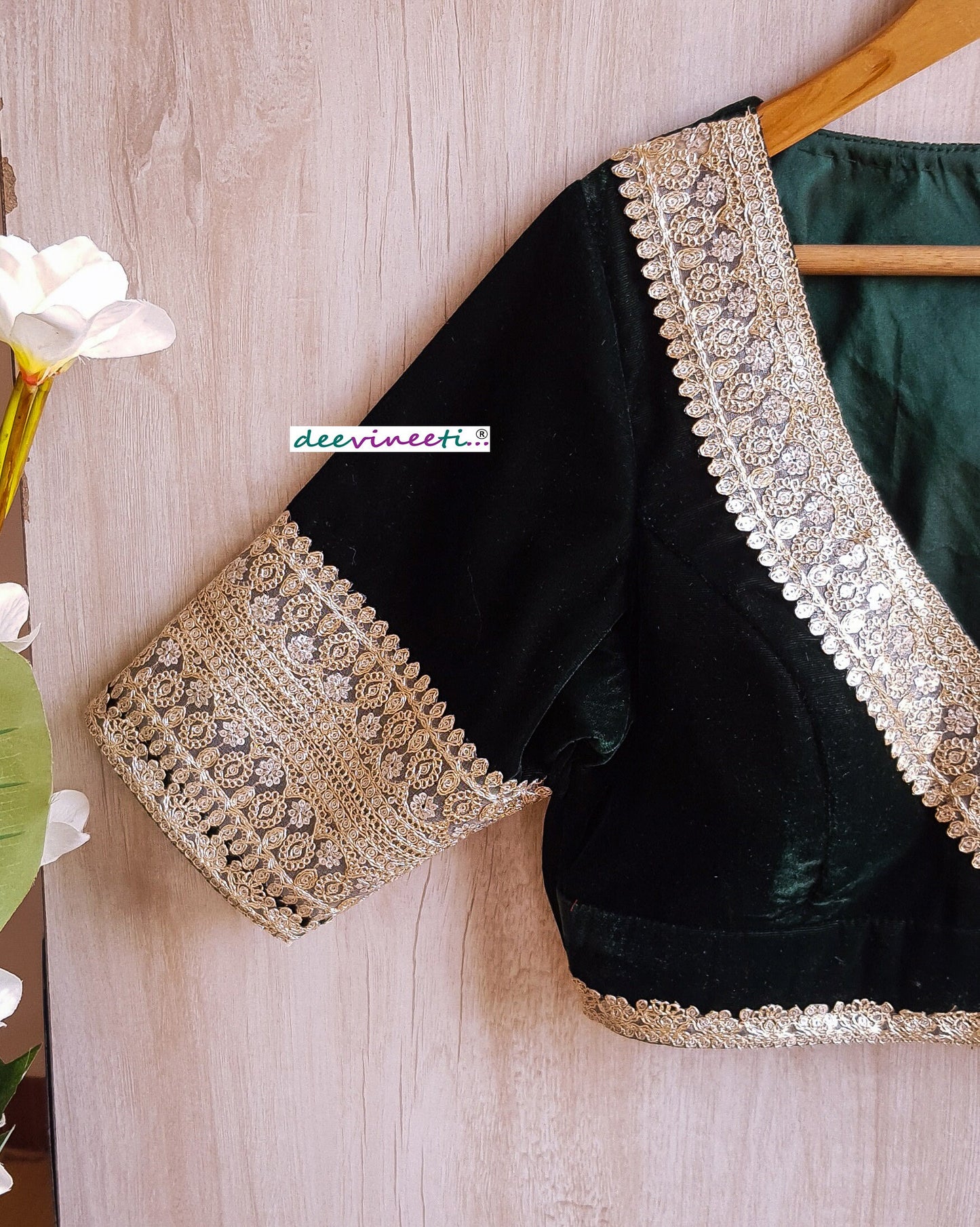 Embroidered Green Velvet Blouse Deep V Neck DVBL_292