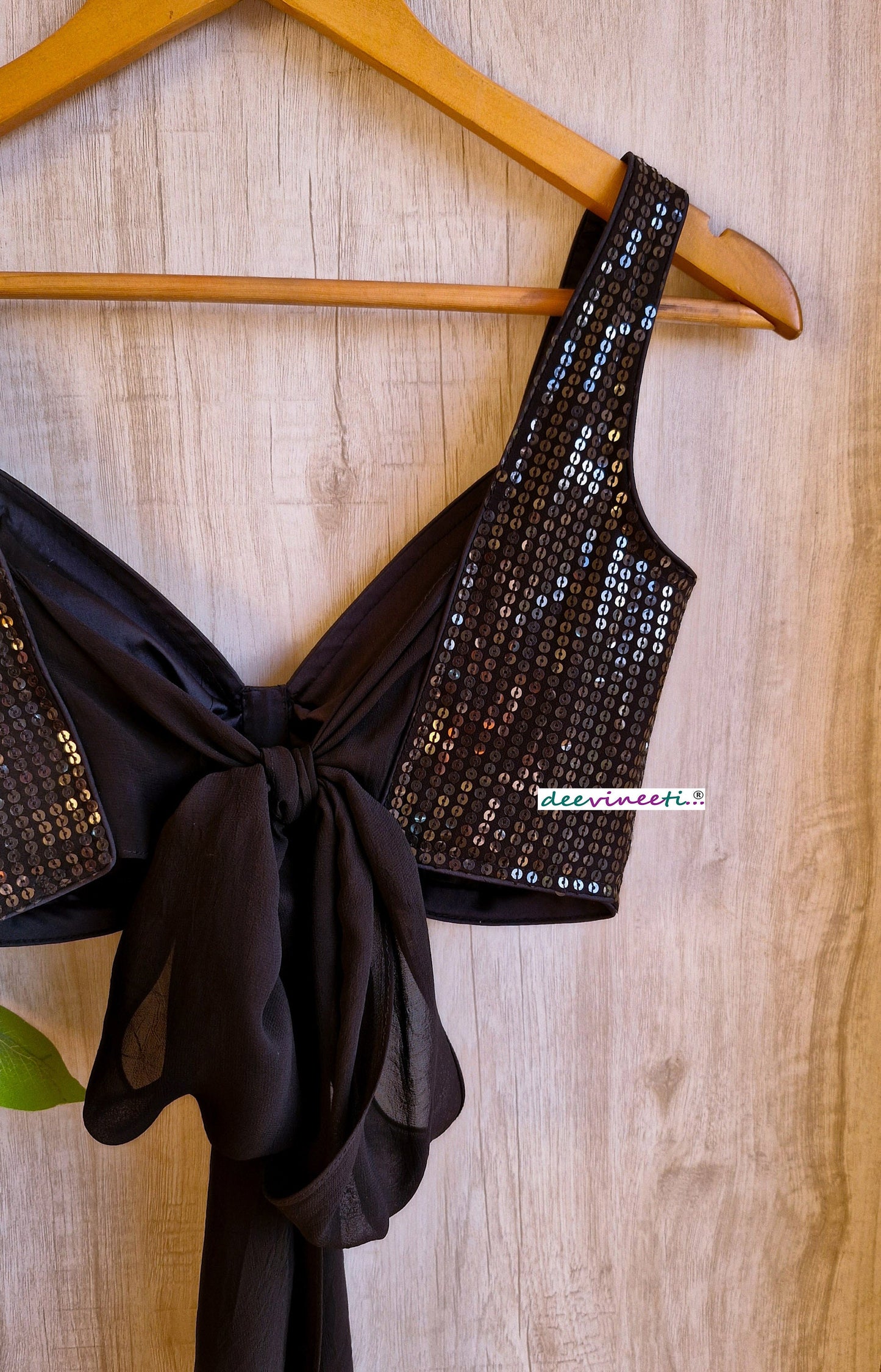 Black Sequins Embroidered Sweetheart Neck Tie Blouse DVBL_341
