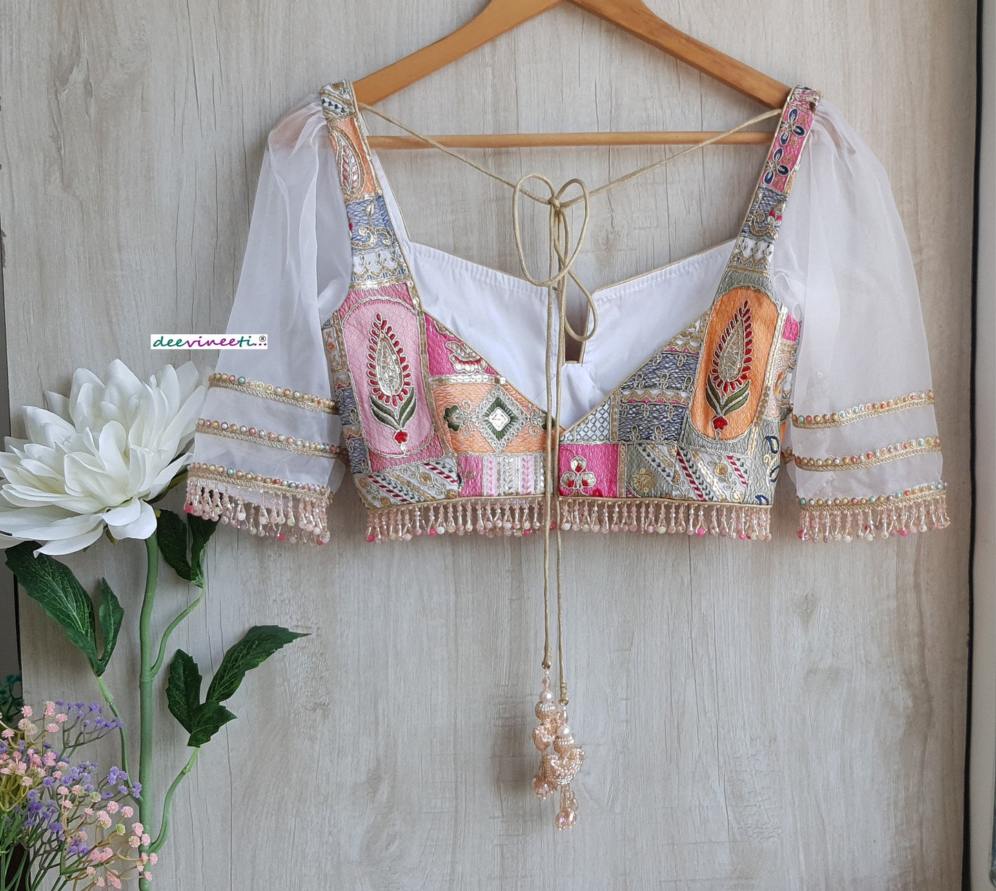 White Embroidered Deep Neck Puff Sleeves Blouse DVBL_300