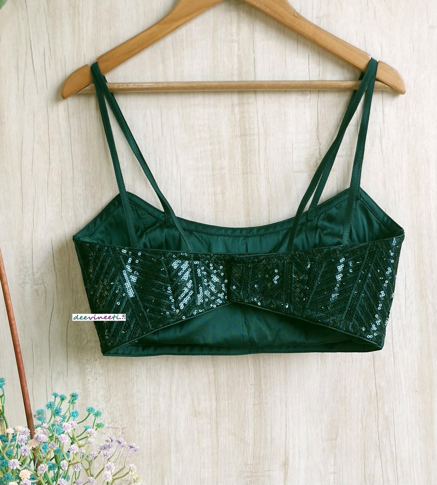 Bottle Green Sequins Embroidered Spaghetti Blouse DVBL_378