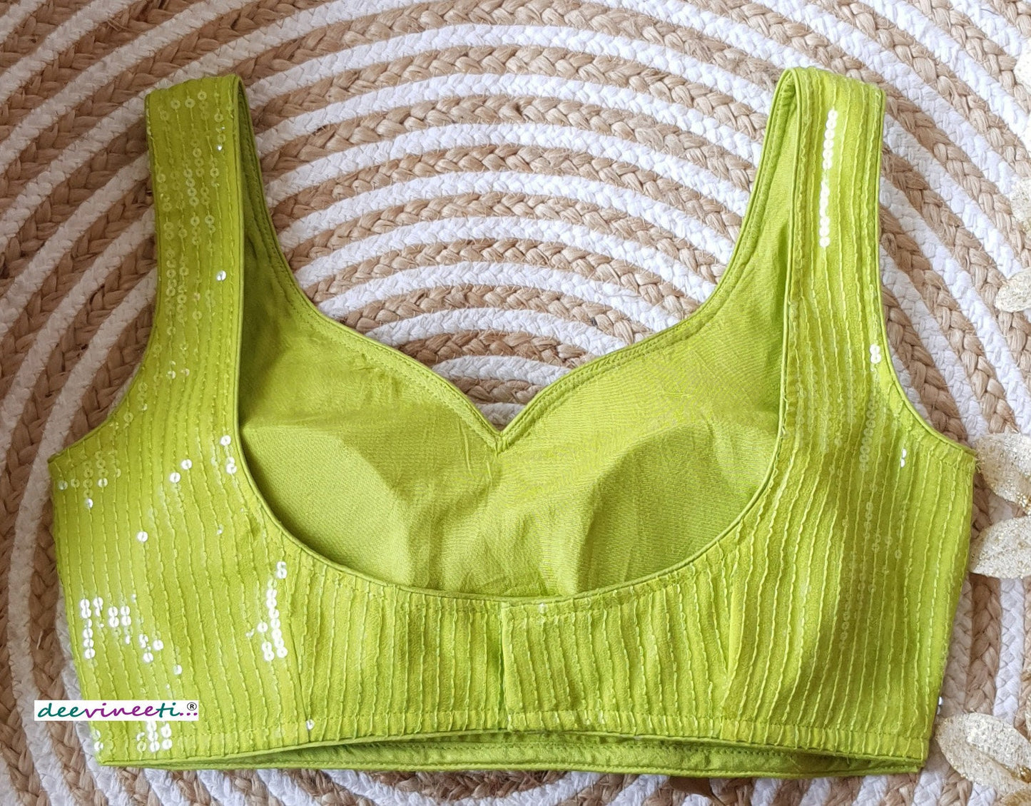 Lime Green Sequins Embroidered Sweetheart Neck Blouse DVBL_133