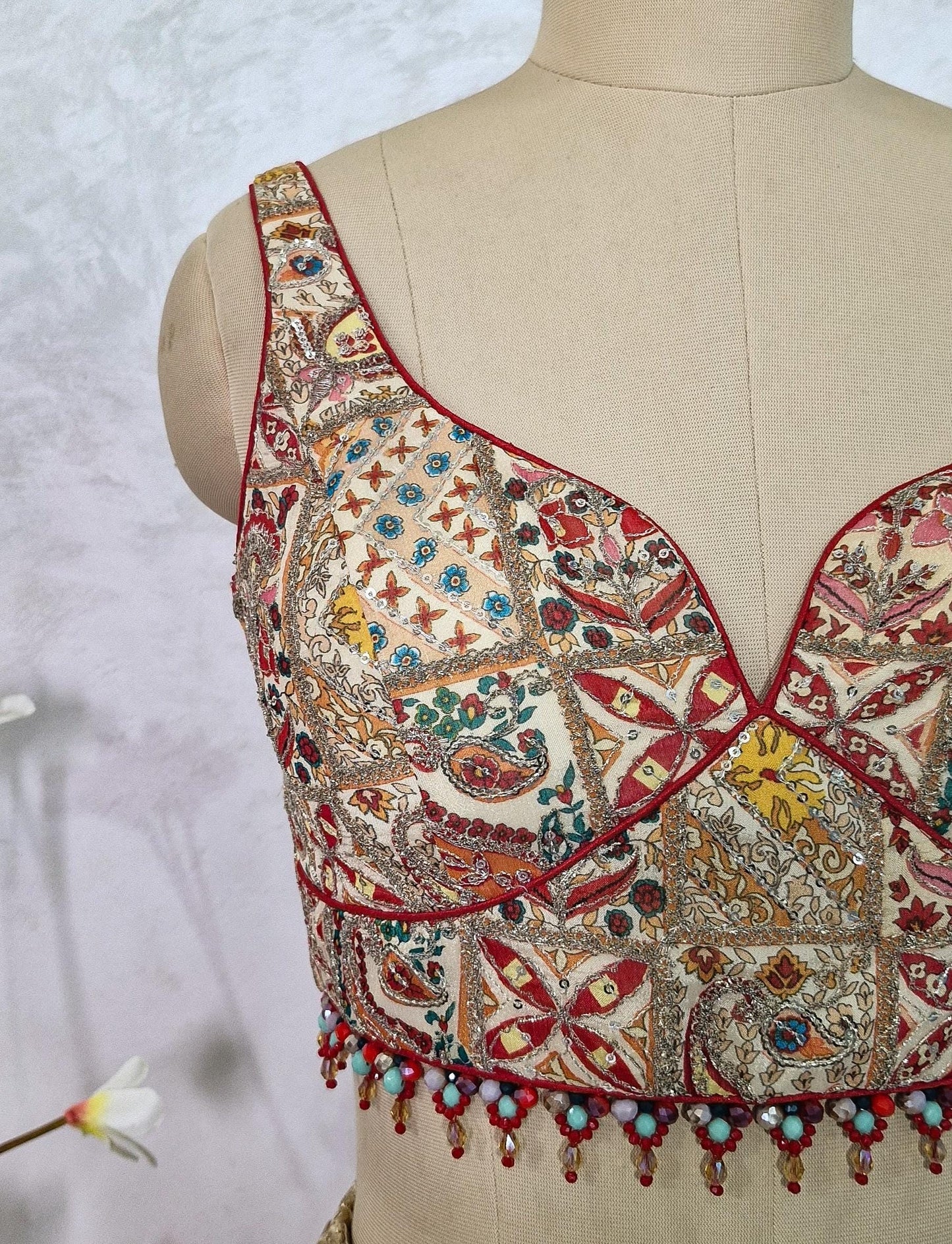 Embroidered Multicolor Chinon Deep Sweetheart Neck Blouse DVBL_434