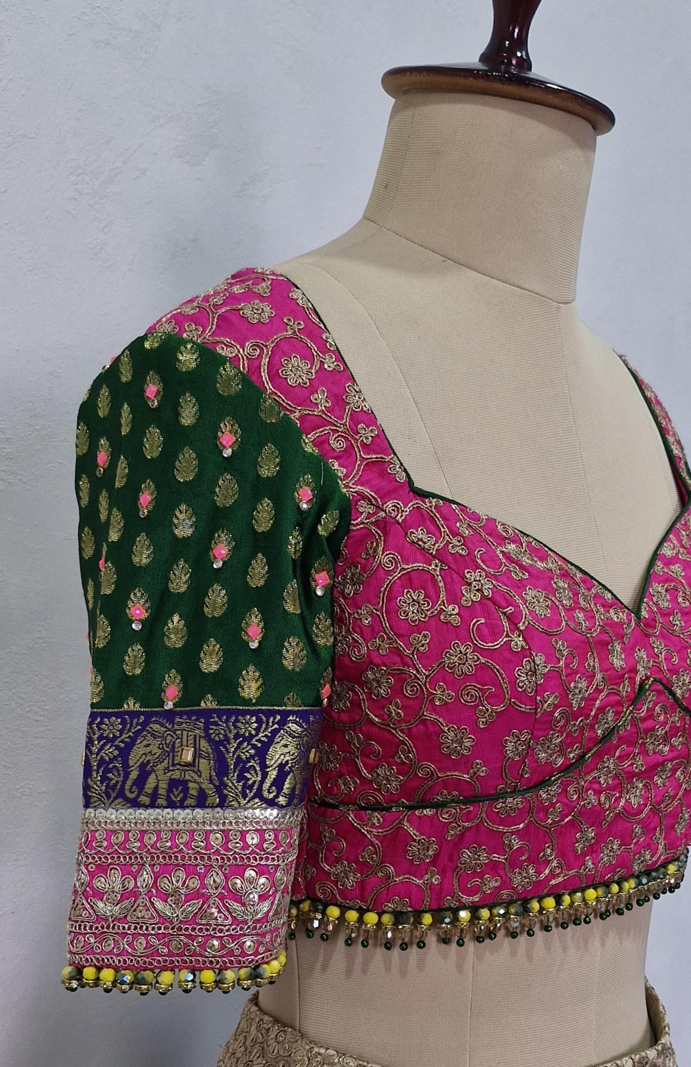 Embroidered Silk Pink and Green Blouse Sweetheart Neck DVBL_449