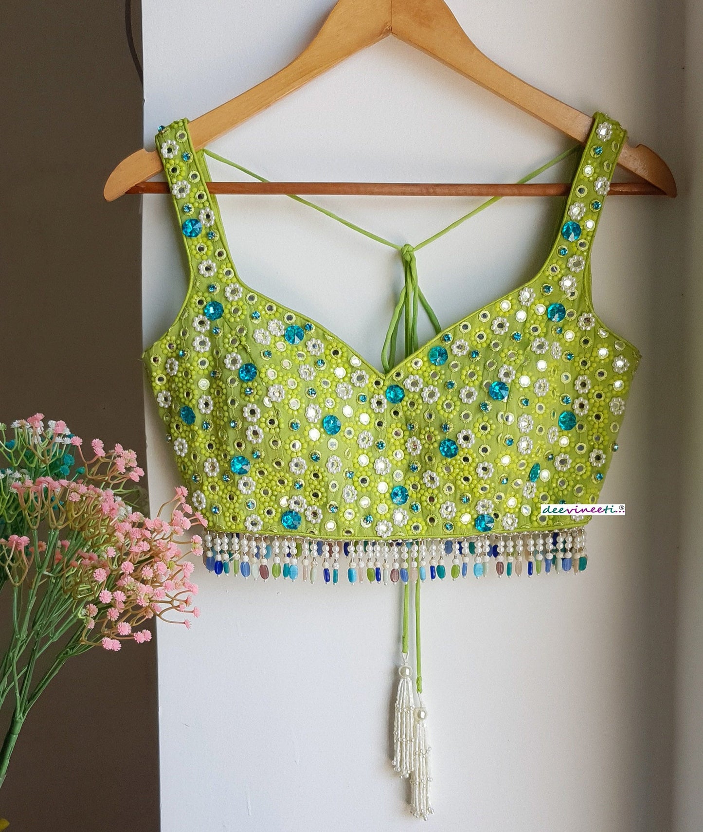 Hand Embroidered Lime Green Deep Sweetheart Neck Blouse  DVBL_287