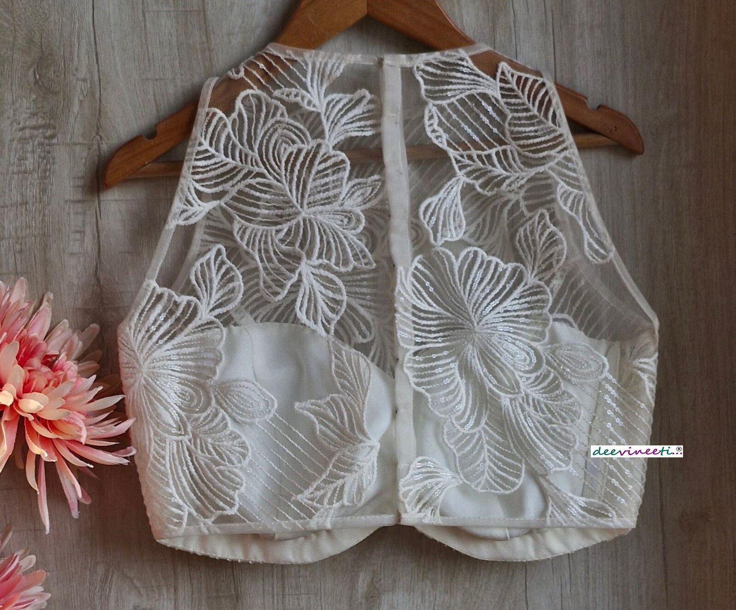 Off-White Embroidered Net Jewel Neck Blouse  DVBL_347