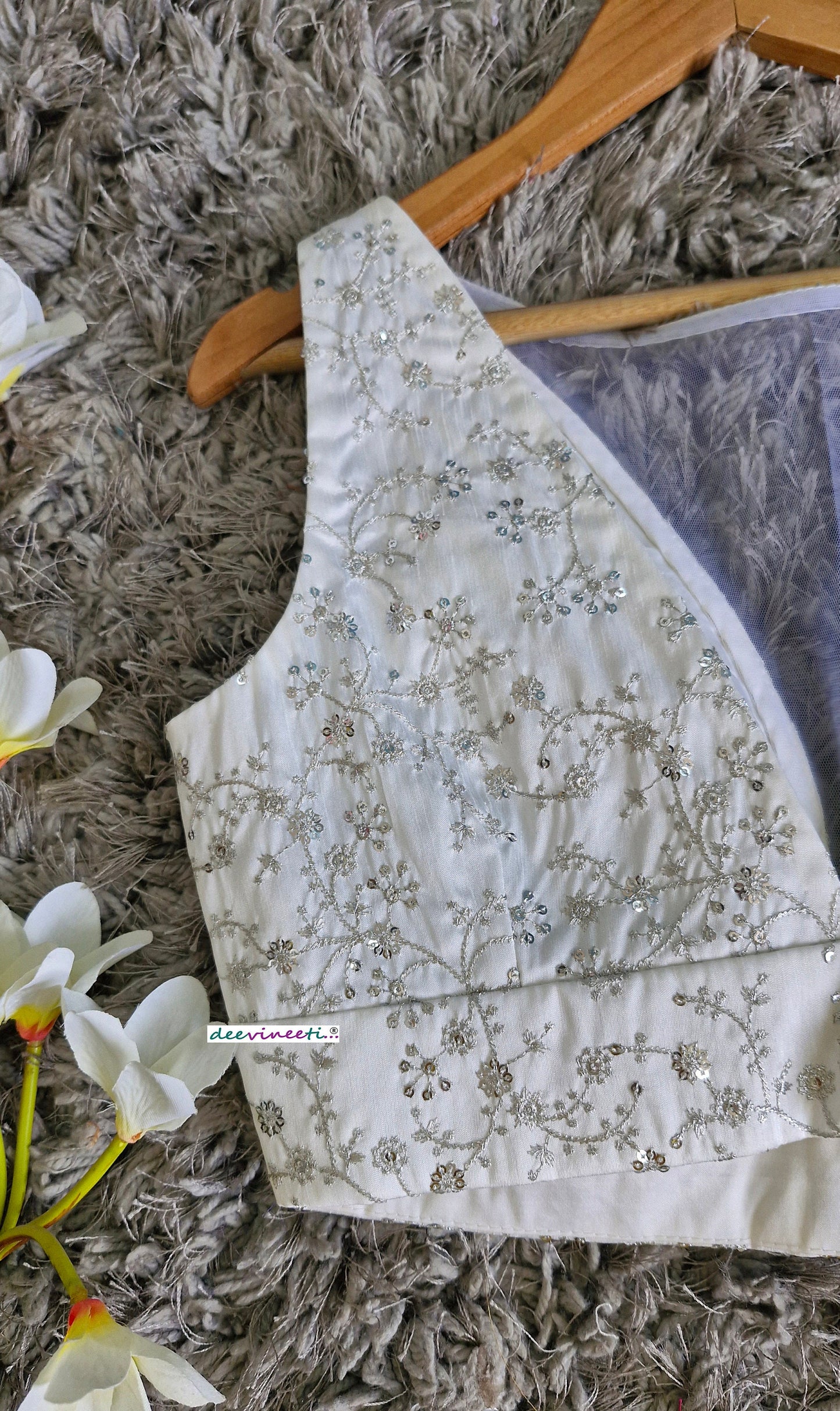 White Embroidered Silk Boat Neck Blouse DVBL_344
