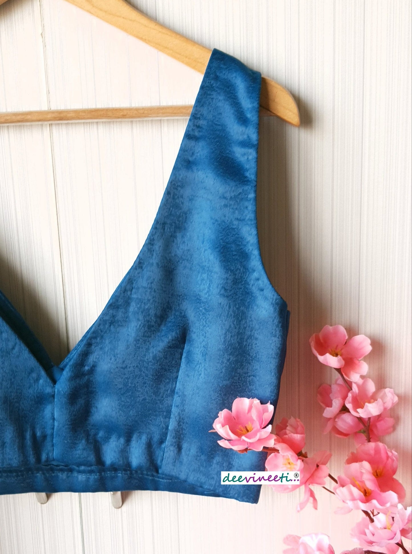 Blue Velvet Crepe Sleeveless Cross Cut Deep V Neck Blouse DVBL_094