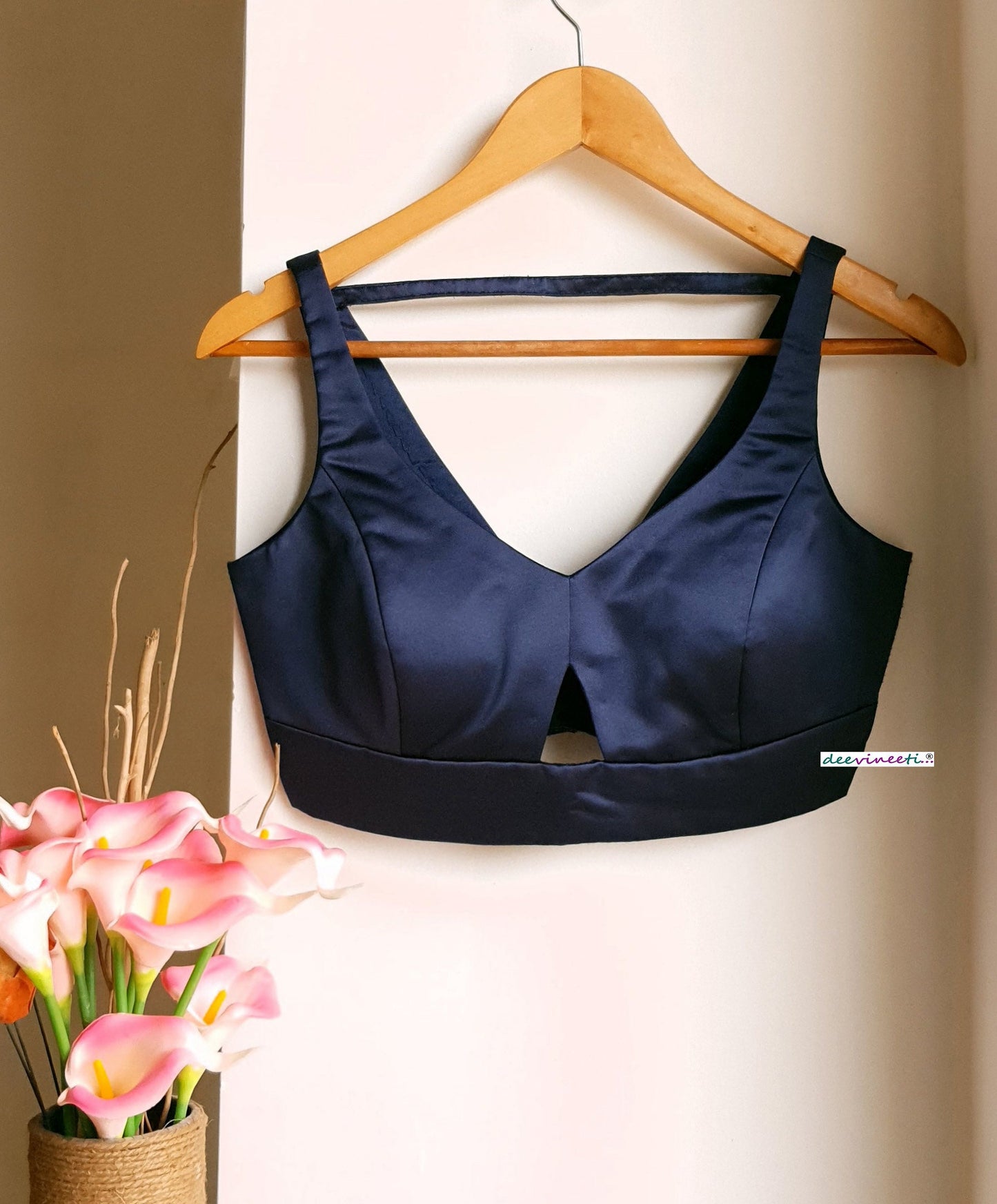 Navy Blue Satin Blouse Deep V Neck Sleeveless DVBL_270