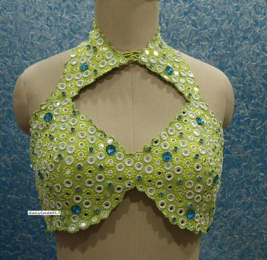 Hand Embroidered Lime Green Halter Blouse DVBL_386