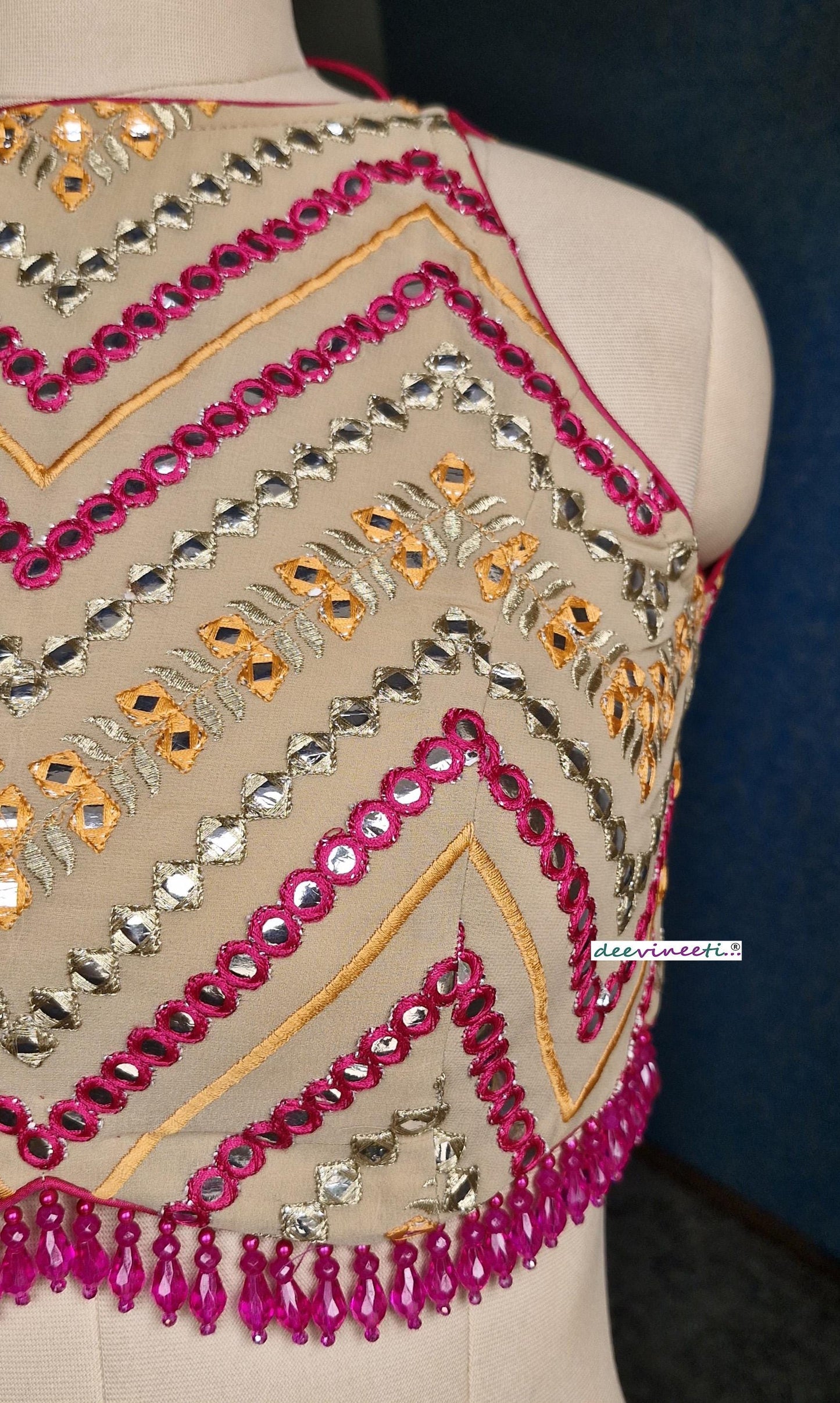 Beige Chevron Embroidered  Halter Neck Blouse DVBL_367