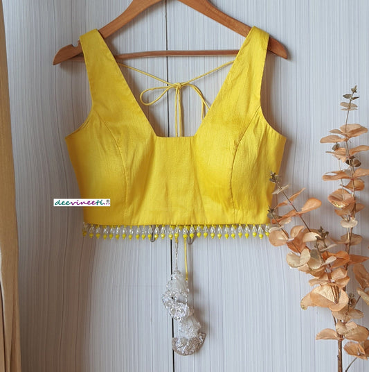 Designer Yellow Raw Silk Trapeze Neck Blouse with Beads Fringes DVBL_207