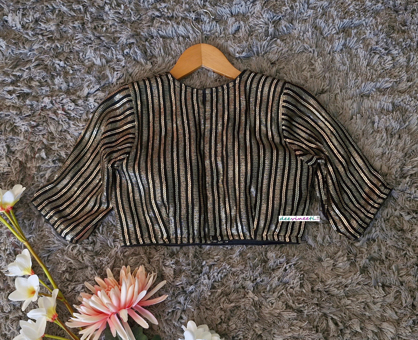 Black and Gold Sequins Embroidered Jewel Neck Blouse DVBL_350