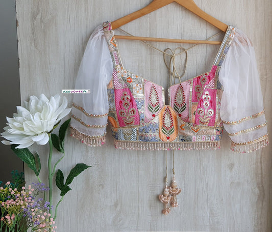 White Embroidered Deep Neck Puff Sleeves Blouse DVBL_300