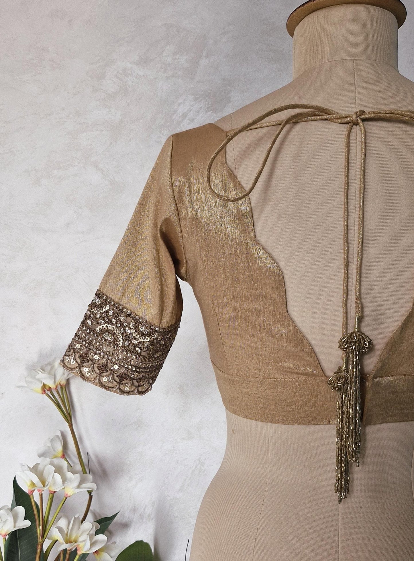 Copper Rose Gold Banarasi Tissue  Scallop Neck  Blouse DVBL_444