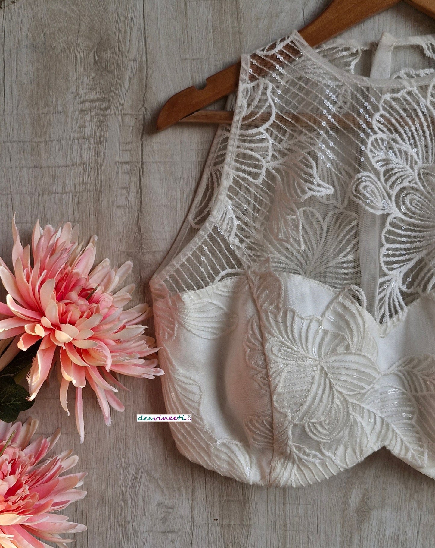 Off-White Embroidered Net Jewel Neck Blouse  DVBL_347