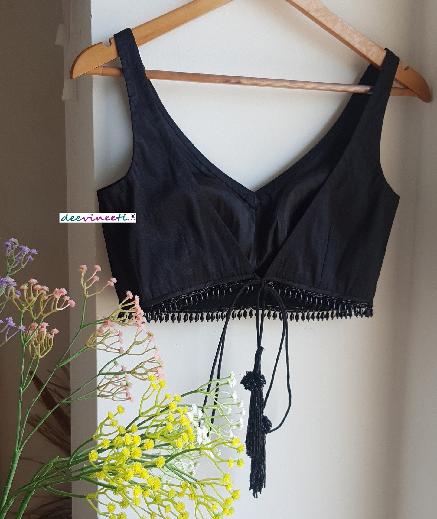 Designer Black Raw Silk Blouse Deep V Neck with Fringes DVBL_327