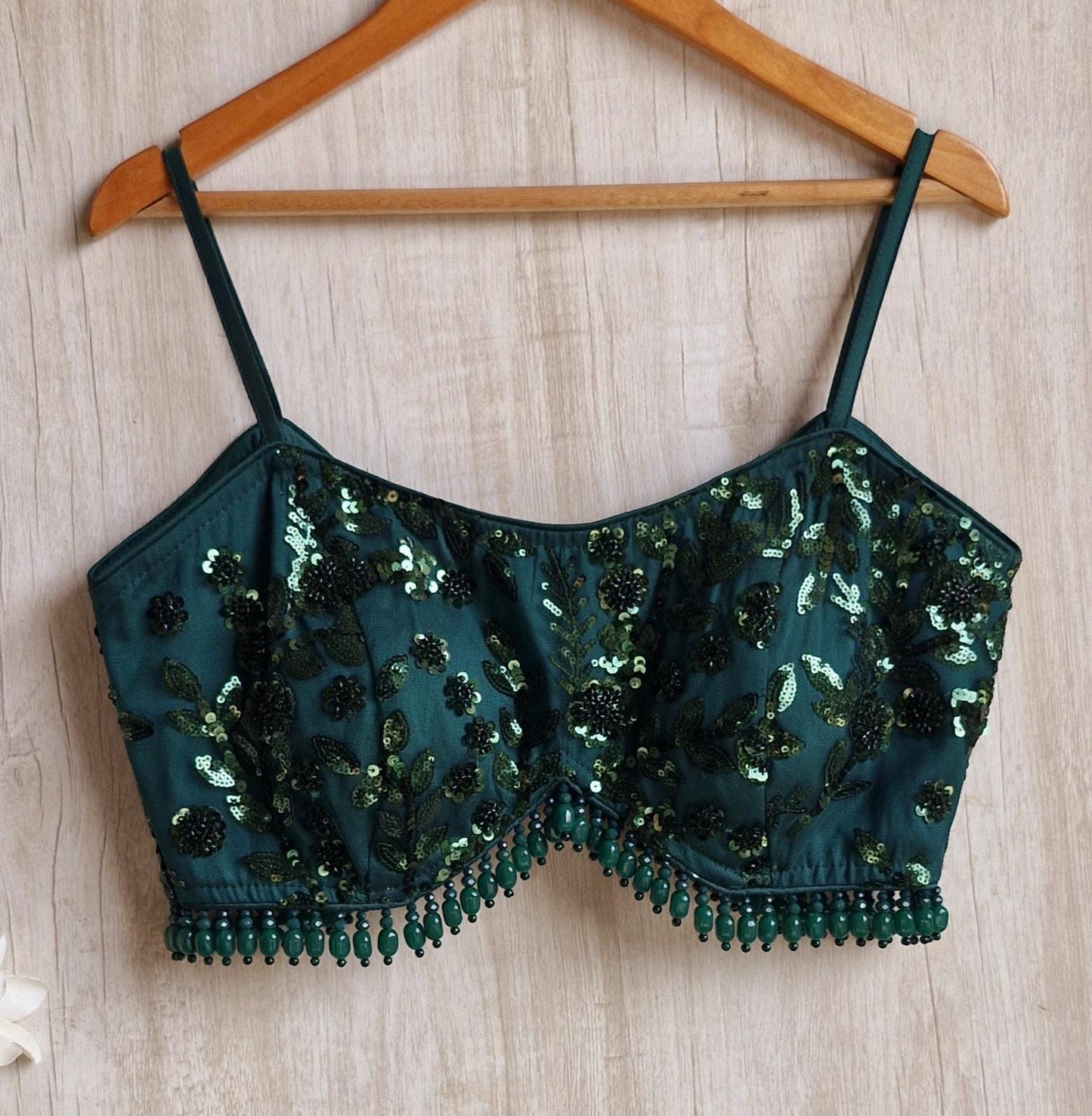 Bottle Green Embroidered Spaghetti Blouse DVBL_454