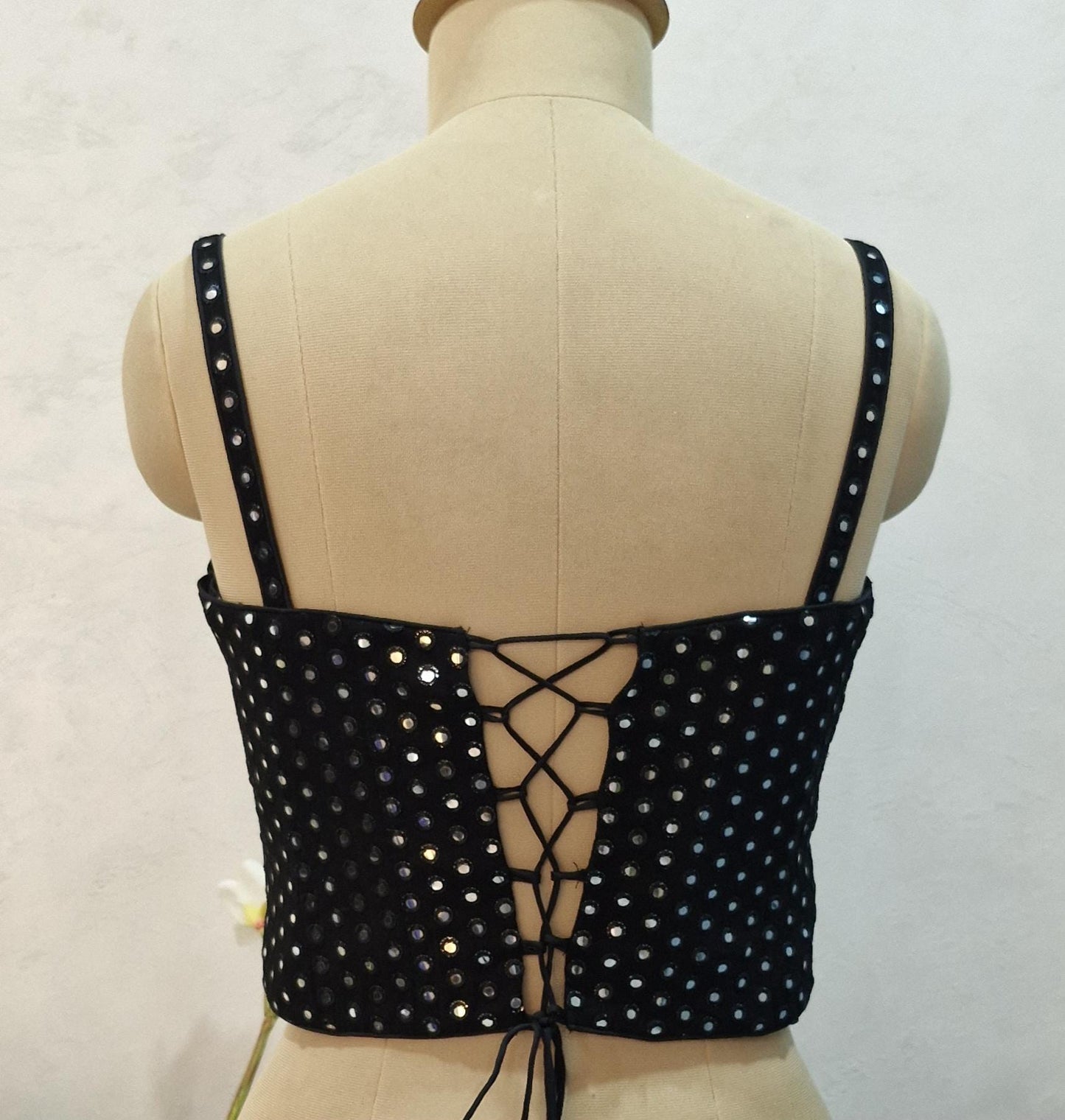 Black Faux Mirror Embroidered Spaghetti Corset Blouse DVCB_007