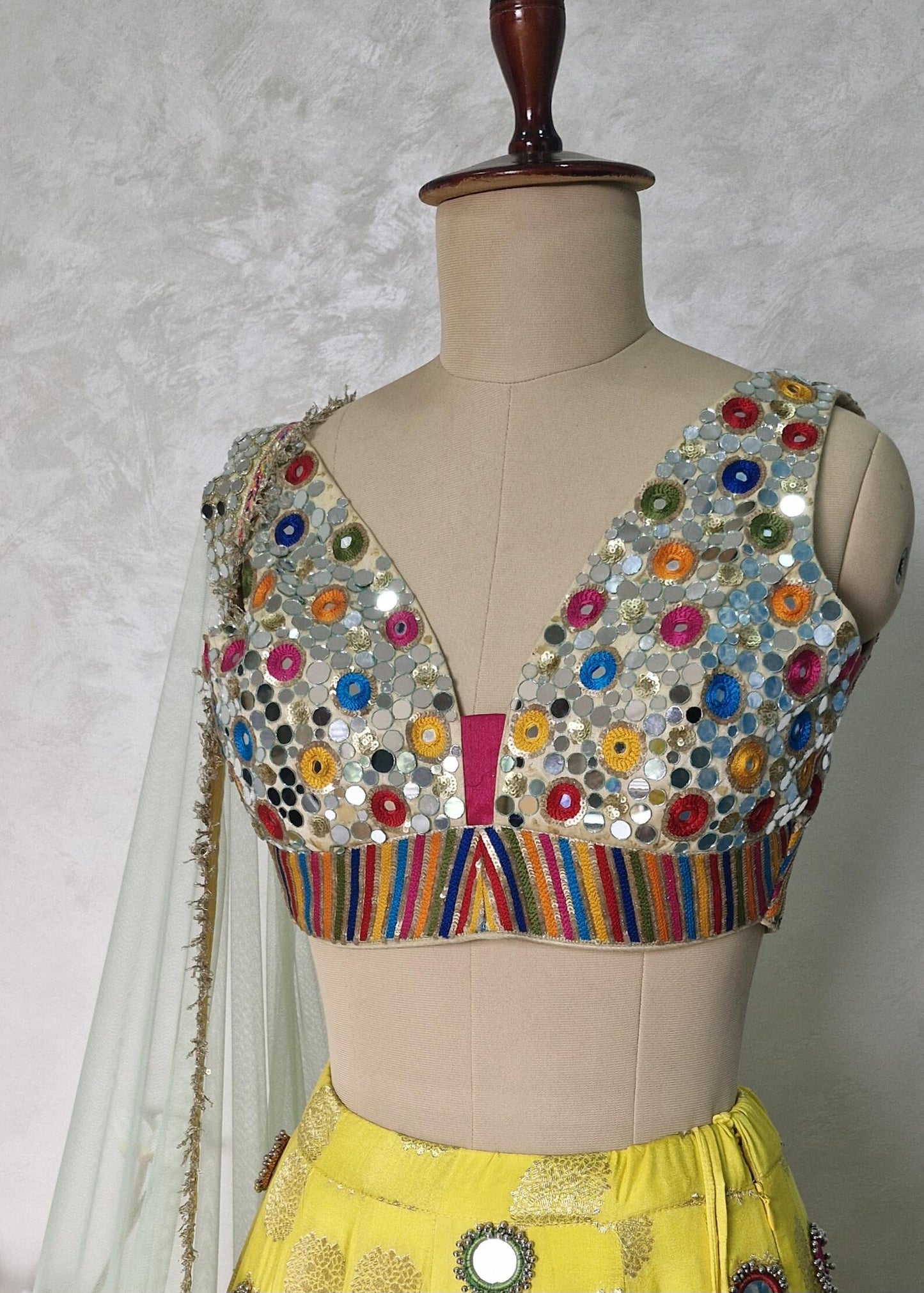 Yellow Brocade Silk Lehenga Choli with Mirror Work DVMTD_0257