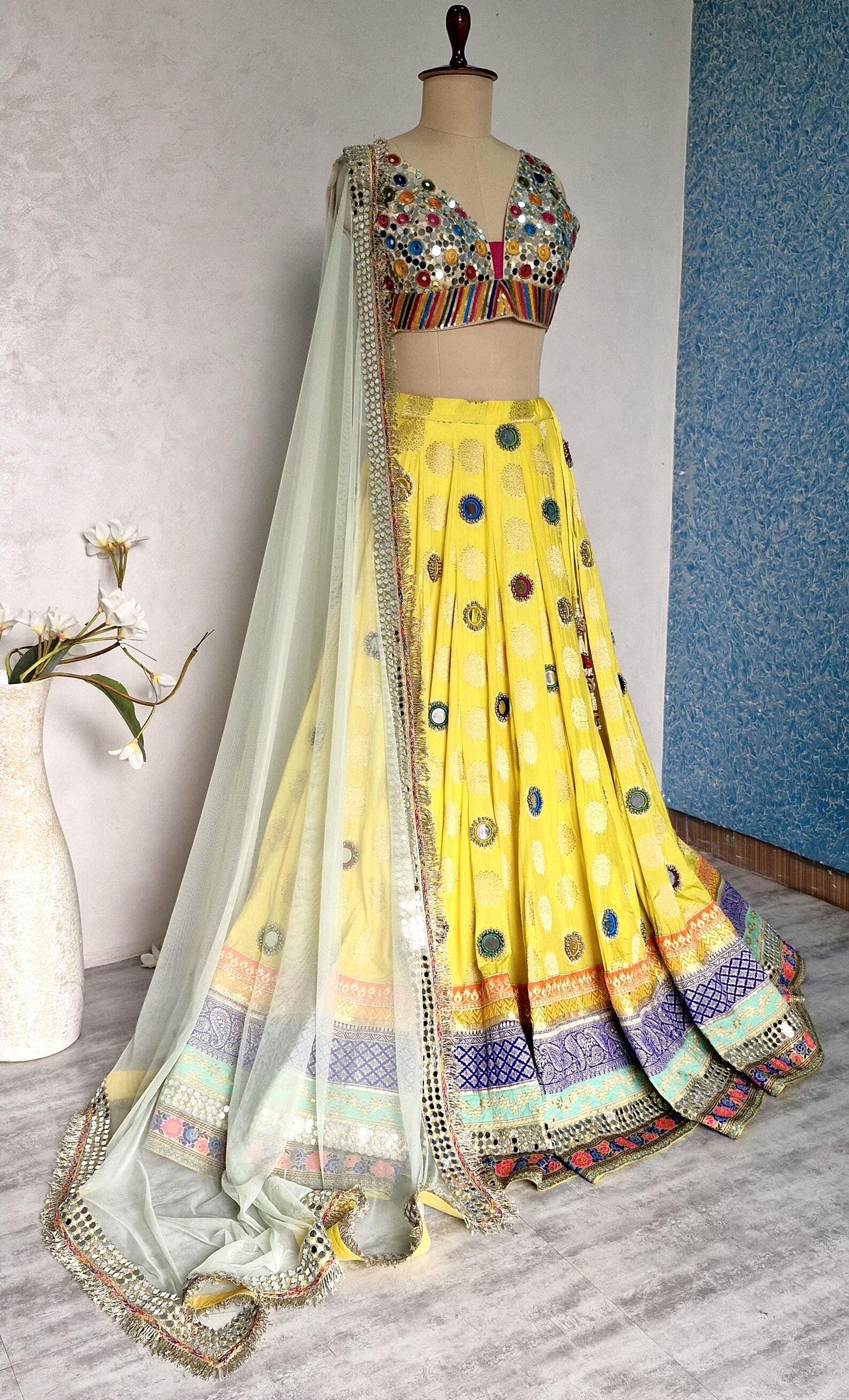 Yellow Brocade Silk Lehenga Choli with Mirror Work DVMTD_0257