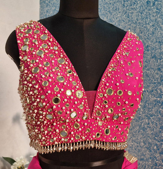 Beads & Mirror Hand Embroidered Bright Pink Crepe Silk Blouse DVBL_462