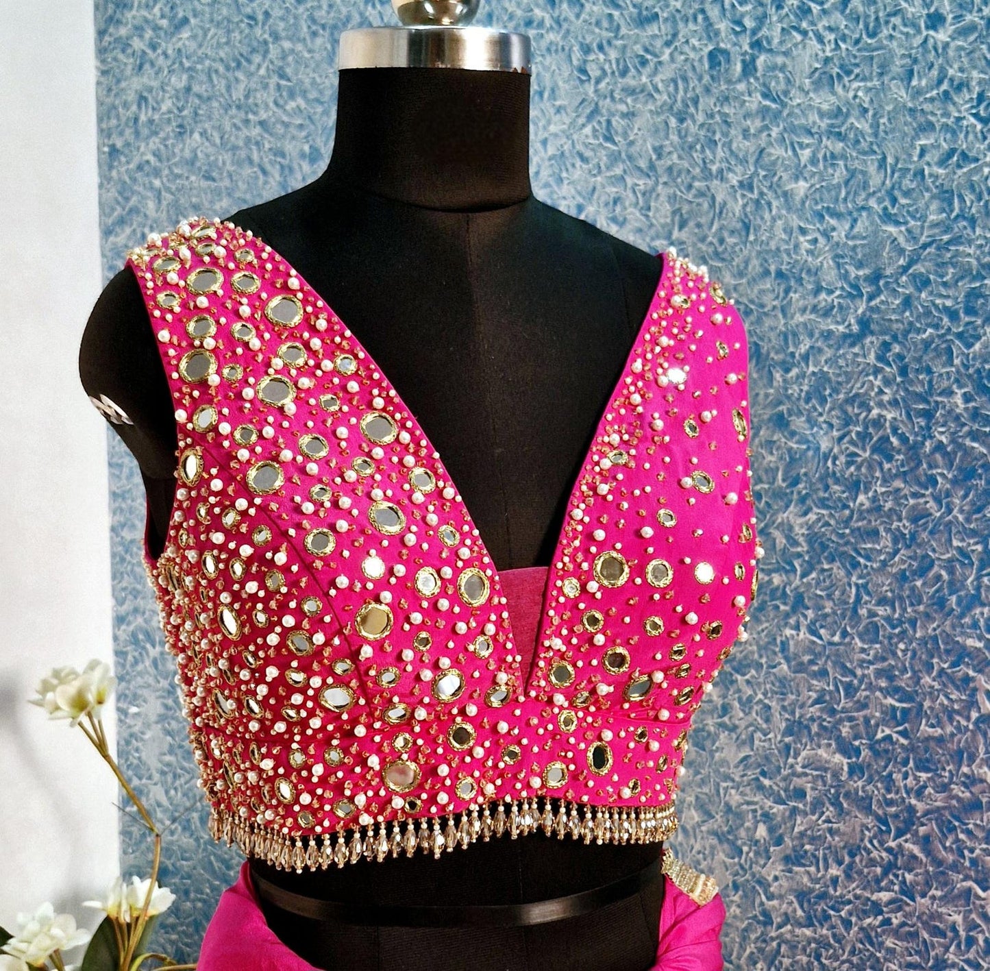 Beads & Mirror Hand Embroidered Bright Pink Crepe Silk Blouse DVBL_462