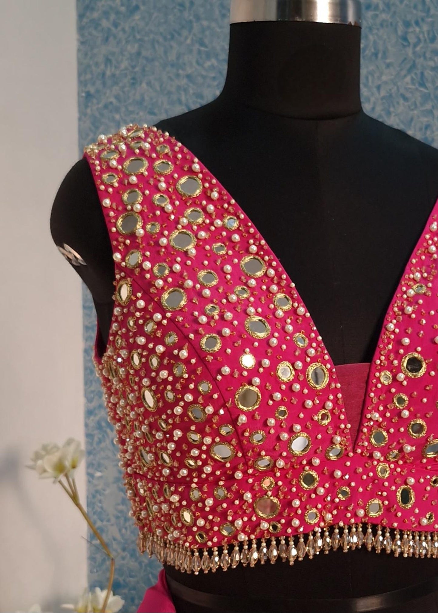 Beads & Mirror Hand Embroidered Bright Pink Crepe Silk Blouse DVBL_462