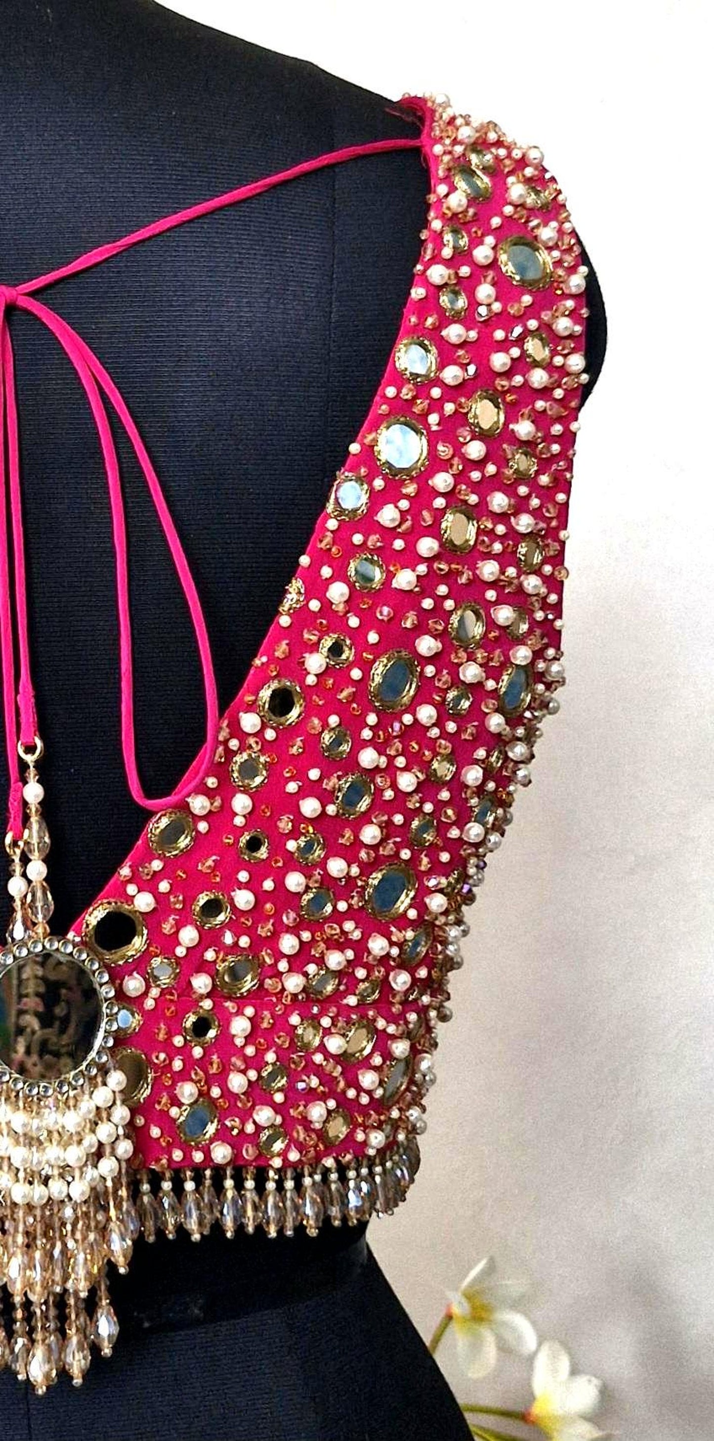 Beads & Mirror Hand Embroidered Bright Pink Crepe Silk Blouse DVBL_462
