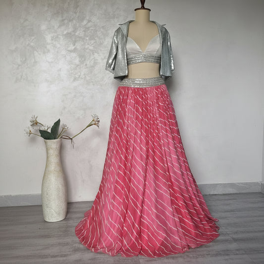 Pink Leheriya Georgette Lehenga Choli with Silver Sequins Jacket DVMTD_0279